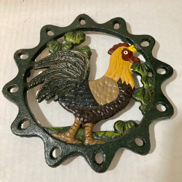 Vintage Cast Iron Rooster Trivet Pot Holder Hand Painted Country Cottage Core - Picture 4 of 8